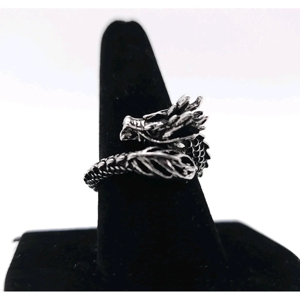 Dragon Head Ring Silver Plated Adjustable Gothic Fantasy Artistic Jewelry